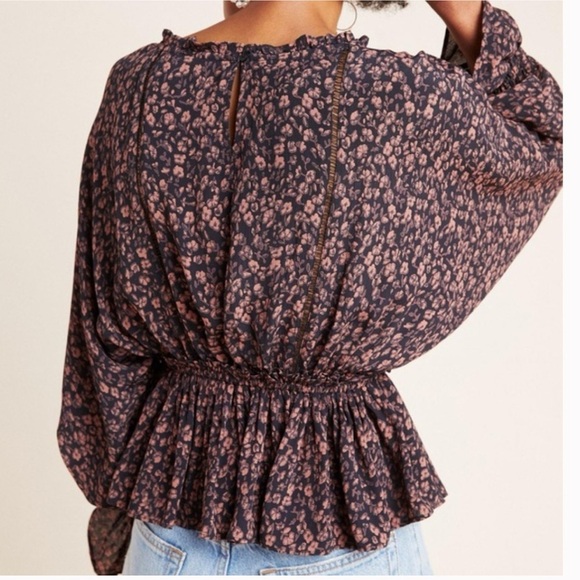 Anthropologie Nichola Peplum Blouse Black Pink Dark Floral Whimsy Boho Fairy - Picture 2 of 12